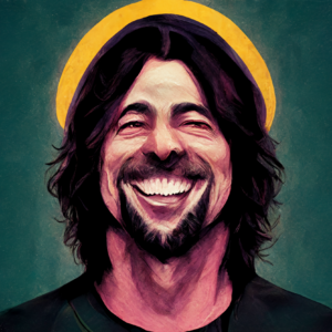 Dave Grohl, smiling, with a halo. 