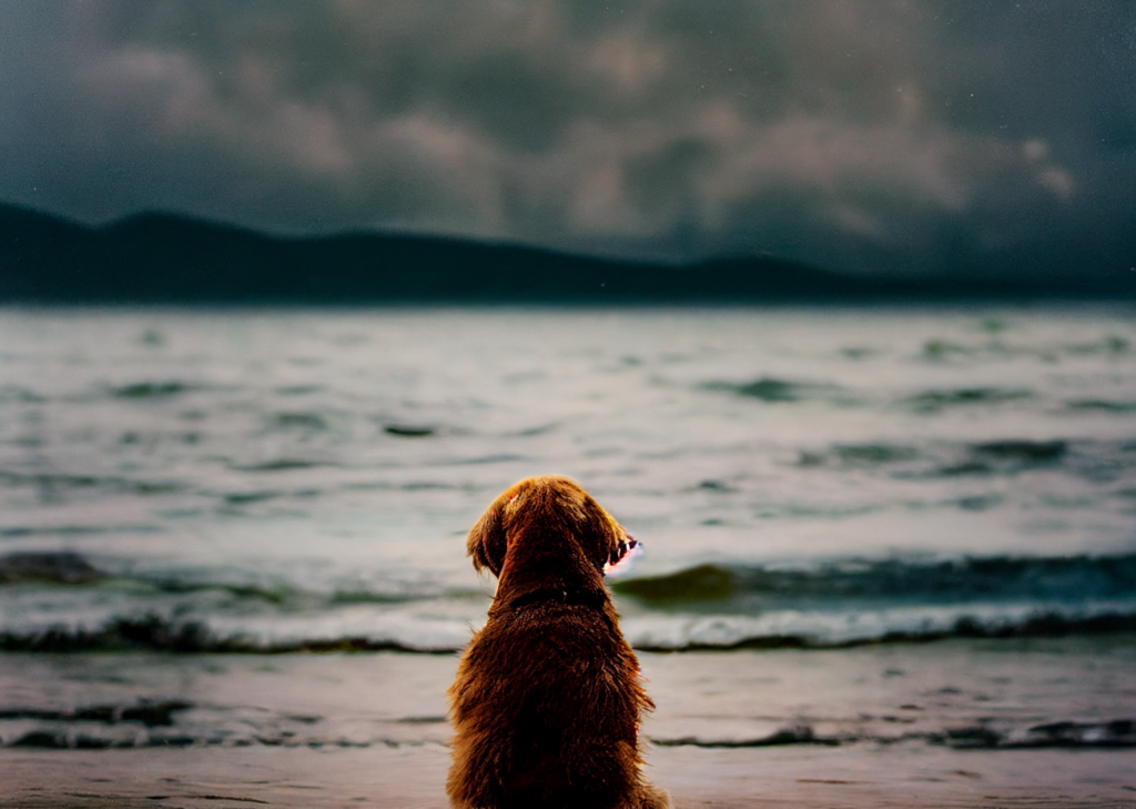 A dog sitting on the beach, staring out at the ocean, and contemplating life. 
